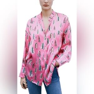 ZARA Womens Shirt S Satin Pink Relaxed Fit Graphic Print Button-Up